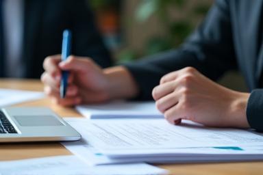 Professional reviewing assessment forms, representing candidate evaluation.