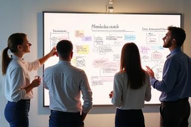 Team brainstorming around a whiteboard, representing custom program design.
