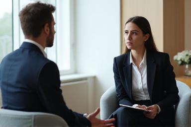 People engaged in a professional discussion, representing interviewer training.